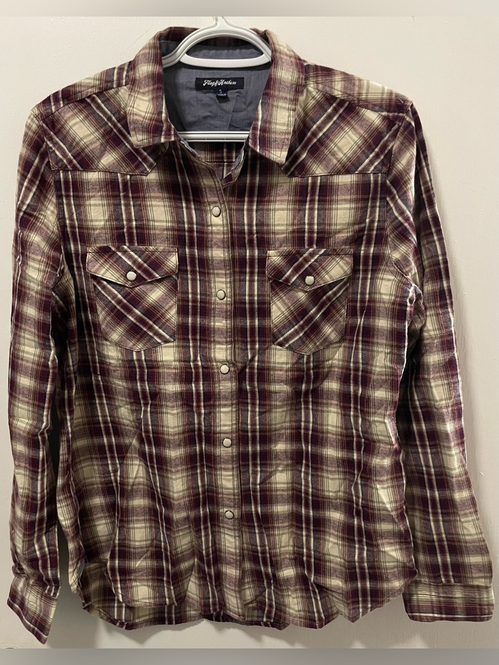 Flag & Anthem Women Maroon Plaid Button-Up Snap Button Western Shirt Size Small